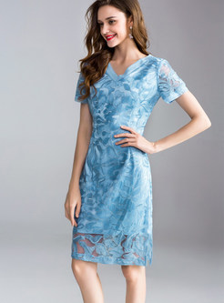 Blue V-neck Embroidery Slim Sheath Dress