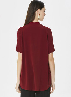 Red Single-breasted Stand Collar Blouse
