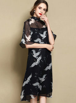 Black Print Stand Collar Silk Shift Dress