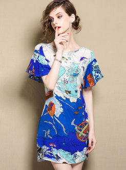 Blue Fashion Print Silk A Line Dress