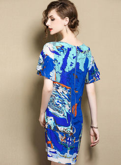 Blue Fashion Print Silk A Line Dress