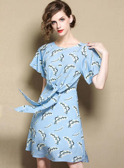 Blue Casual Print Tied A Line Dress