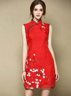Red Vintage Silk Stand Collar Cheongsam