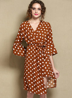 Brown Casual Dot Print V-neck Asymmetric Dress