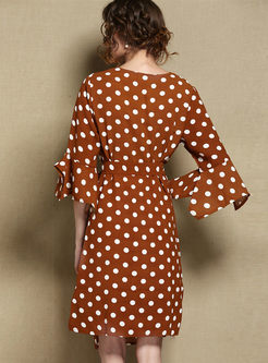 Brown Casual Dot Print V-neck Asymmetric Dress