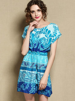 Blue Fashion Silk Short Sleeve Waist Dress
