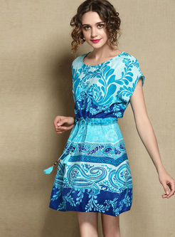 Blue Fashion Silk Short Sleeve Waist Dress