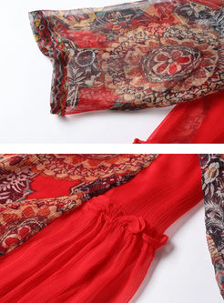 Vintage Silk Print Loose Coast Dress With Underskirt
