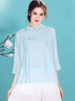 Blue Ethnic Single-breasted Straight Blouse