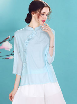 Blue Ethnic Single-breasted Straight Blouse