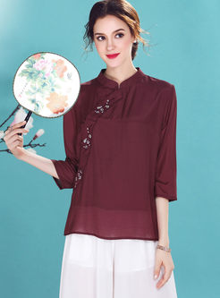 Red Ethnic Single-breasted Straight Blouse