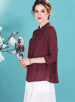 Red Ethnic Single-breasted Straight Blouse