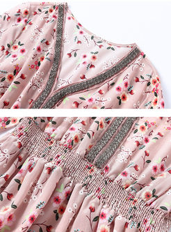 Pink Silk Floral Print Gathered Waist Skater Dress