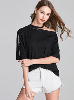 Trendy One Shoulder Solid Color Cotton T-shirt