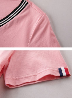 Pink Casual All-match Stitching T-shirt