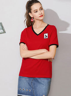 Red Cotton All-match Stitching T-shirt