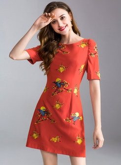 Red Embroidery Slim A Line Dress
