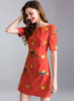 Red Embroidery Slim A Line Dress