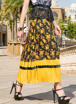 Floral Print Splicing Pleated Skirt