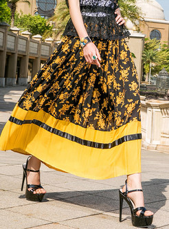 Floral Print Splicing Pleated Skirt