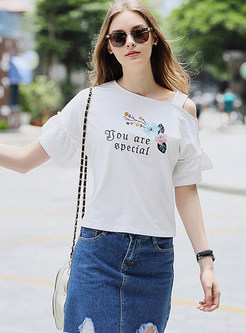 White Off The Shoulder Embroidery T-shirt