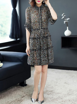 Floral Print Lapel Splicing A Line Dress With Underskirt
