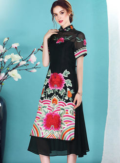 Black Ethnic Embroidery Short Sleeve Dress