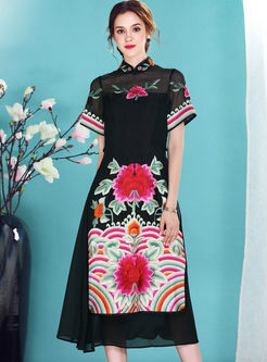 Black Ethnic Embroidery Short Sleeve Dress