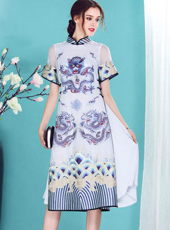 Vintage Elegant Print Silk Split Shift Dress