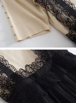 Fashion Knitted Top & Black Lace Mesh Overalls