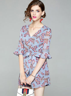 Sweet V-neck Print Bowknot Rompers