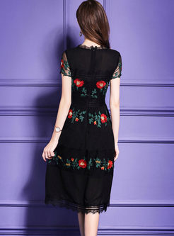 Black Lace Floral Embroidery A Line Dress
