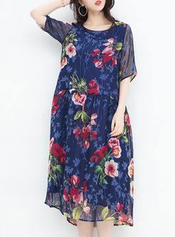Blue Flower Print Double-layered Silk Shift Dress