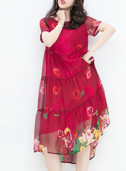 Red Silk Flower Print Layered Shift Dress