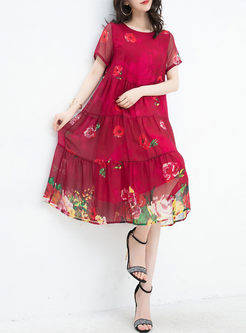 Red Silk Flower Print Layered Shift Dress