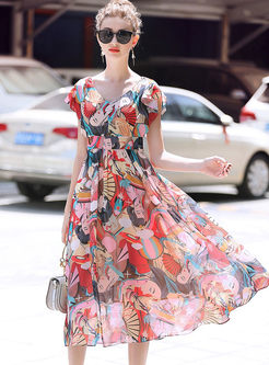 Fashion Chiffon Print High Waist Big Hem Dress