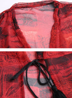 Red Brief Print Short Sleeve Thin Coat