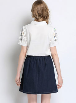 Street Cotton All-match Blouse & Fashion Denim Skirt