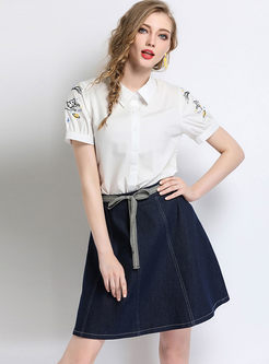 Street Cotton All-match Blouse & Fashion Denim Skirt