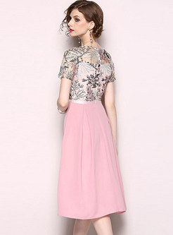 Pink Embroidery Mesh Splicing Chiffon Dress