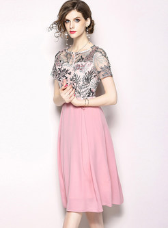 Pink Embroidery Mesh Splicing Chiffon Dress
