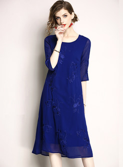 Blue Three Quarters Sleeve Chiffon Dress