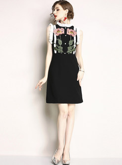 Black Sleeveless Patchwork Embroidered A Line Dress