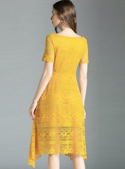 Yellow Hollow Out Asymmetric Hem Dress