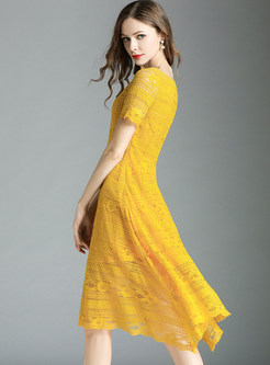 Yellow Hollow Out Asymmetric Hem Dress