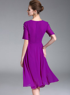 Purple Belted Big Hem Chiffon Dress