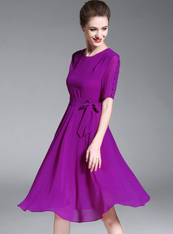 Purple Belted Big Hem Chiffon Dress