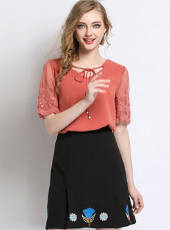 Brick Red Tied V-neck Lace See Through Top
