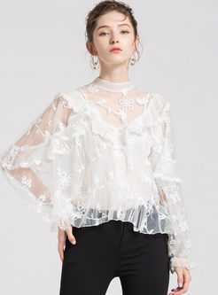 White Mesh Embroidery Long Sleeve Perspective Top