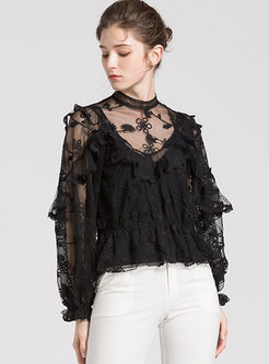 Black Mesh Embroidery Long Sleeve Perspective Top
